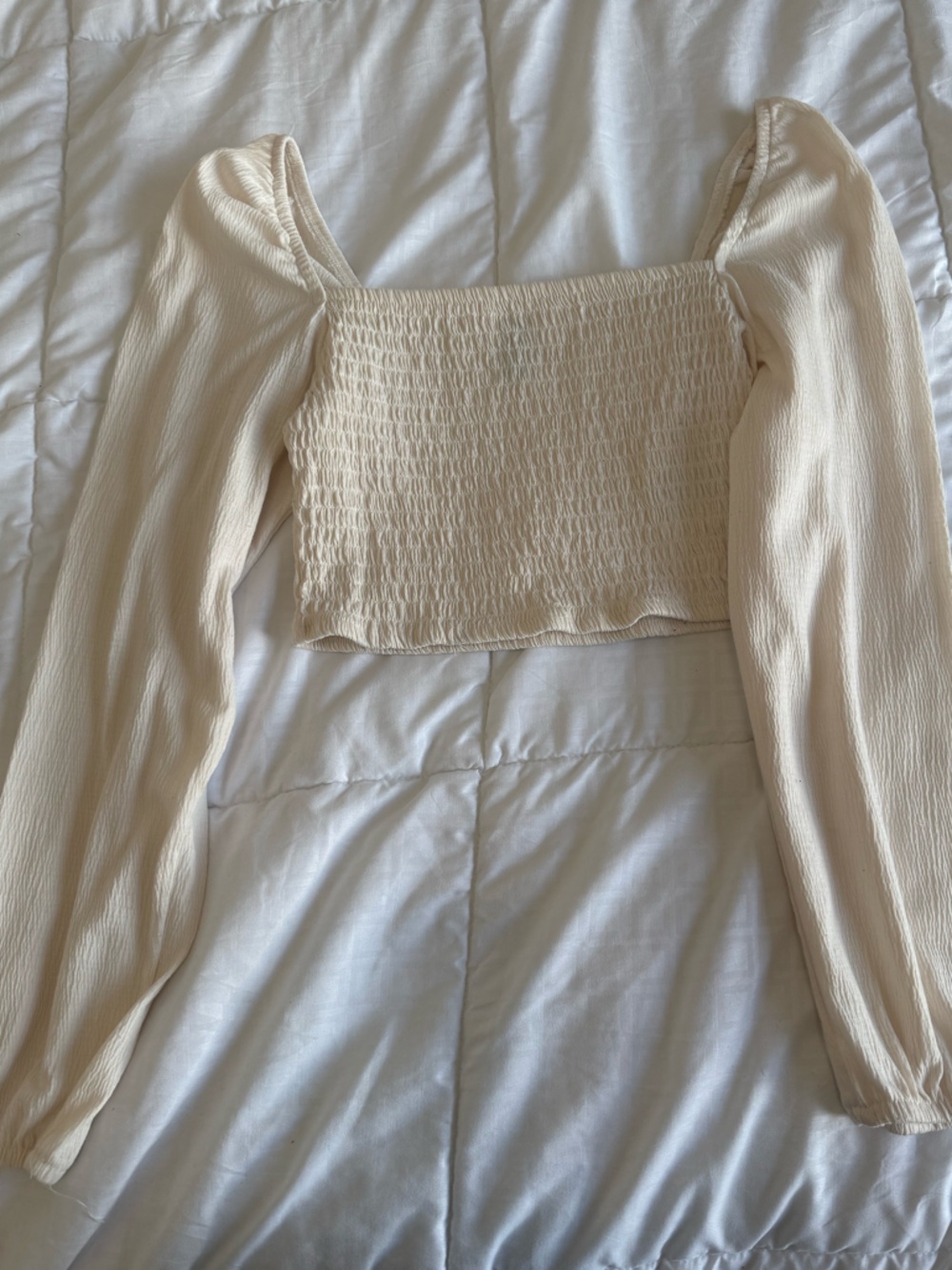 H&M Cream Smocked Square-Neck Crop Top with Long Puff Sleeves